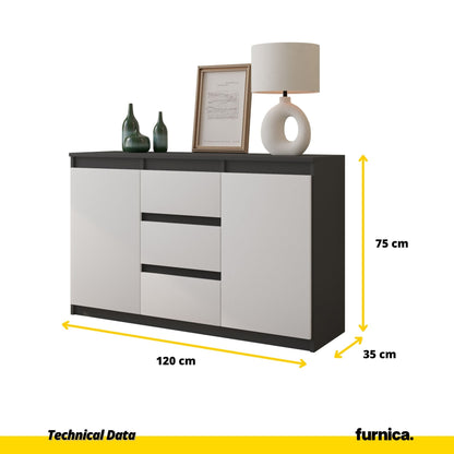 MIKEL - Cómoda de 3 cajones y 2 puertas - Armario de almacenamiento para dormitorio - Aparador - Antracita / Blanco Mate (2)