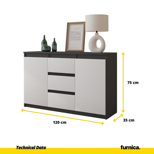 MIKEL - Cómoda de 3 cajones y 2 puertas - Armario de almacenamiento para dormitorio - Aparador - Antracita / Blanco Mate (2)
