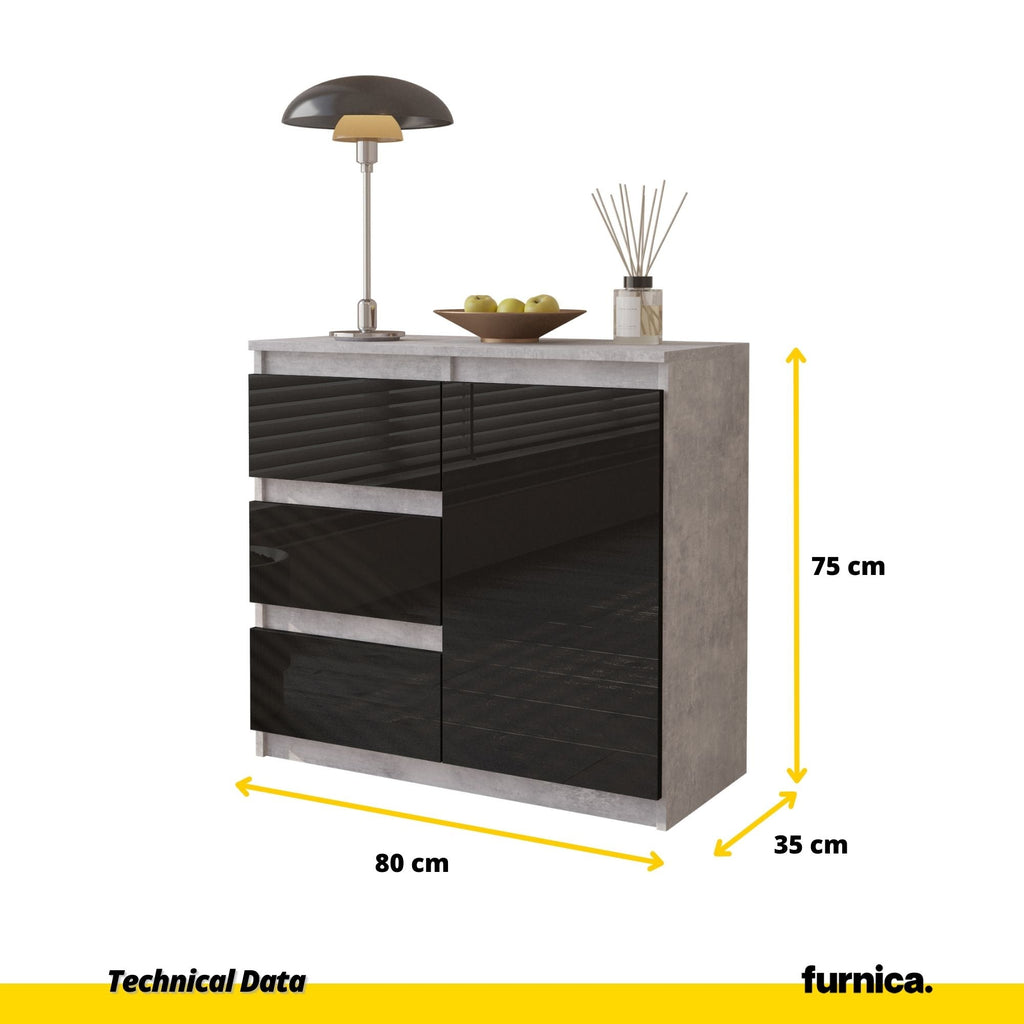 MIKEL - Cómoda de 3 cajones y 1 puerta - Armario de almacenamiento para el dormitorio - Aparador - Hormigón / Negro Brillante - A75cm A80cm P35cm