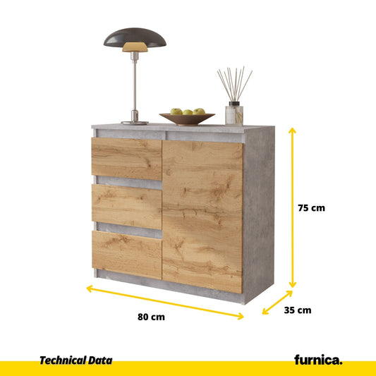 MIKEL - Cómoda de 3 cajones y 1 puerta - Gabinete de almacenamiento para el dormitorio - Hormigón / Roble Wotan - A75cm A80cm P35cm