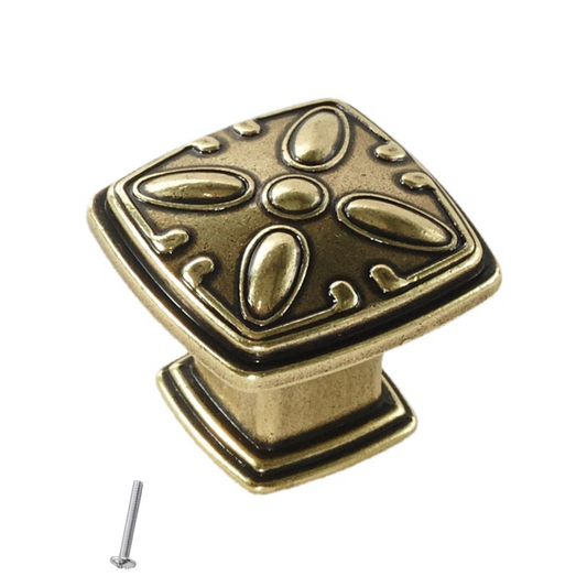 Pomo de armario vintage - Patrón de flores - 31mm x 31mm - Latón antiguo – Furnica
