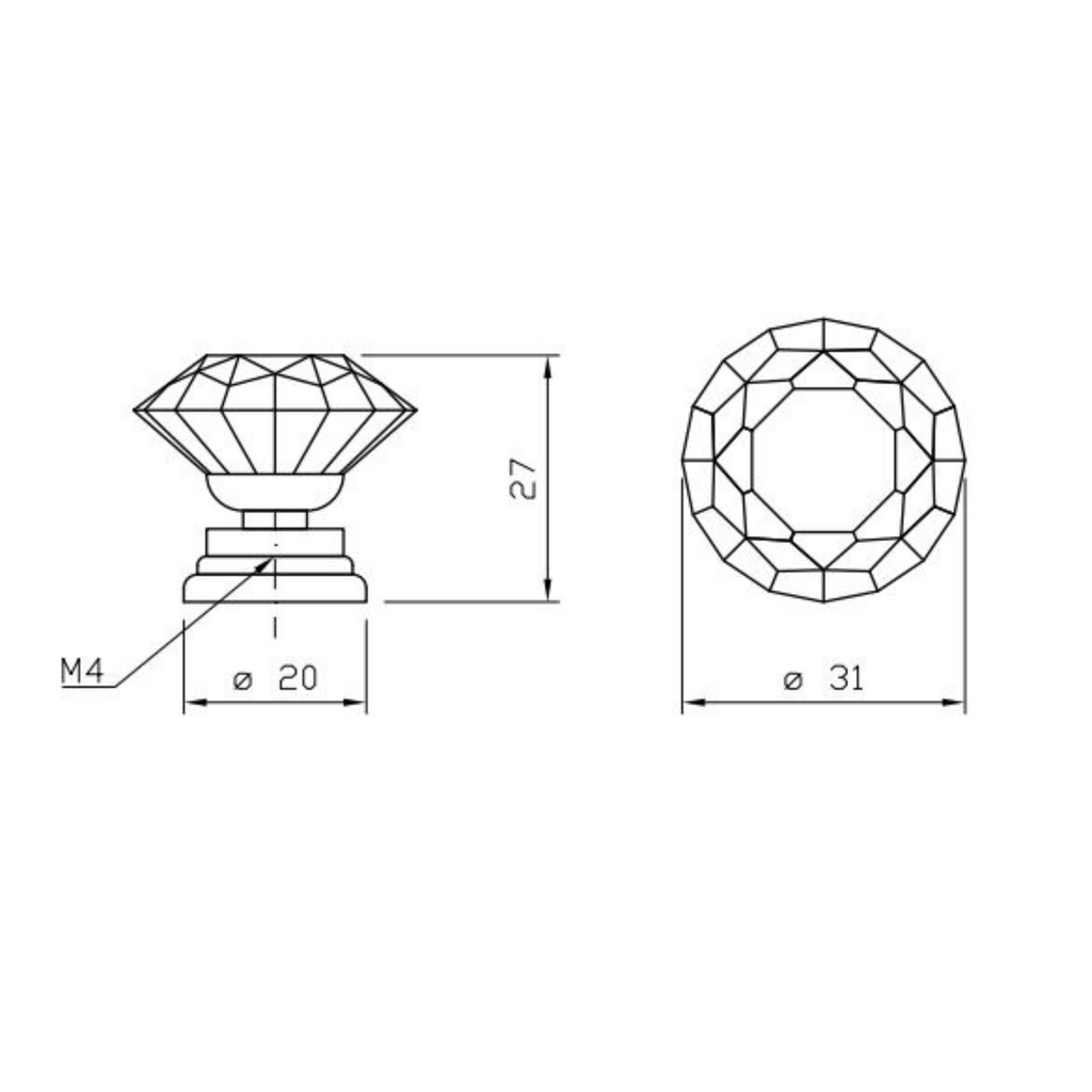 Forma de diamante - Pomo de armario con efecto de vidrio de cristal - Ø30mm - Cromo