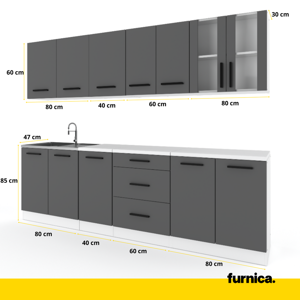 RENO - Juego de cocina - Roble Wotan / Antracita con encimera - 8 unidades - 260 cm