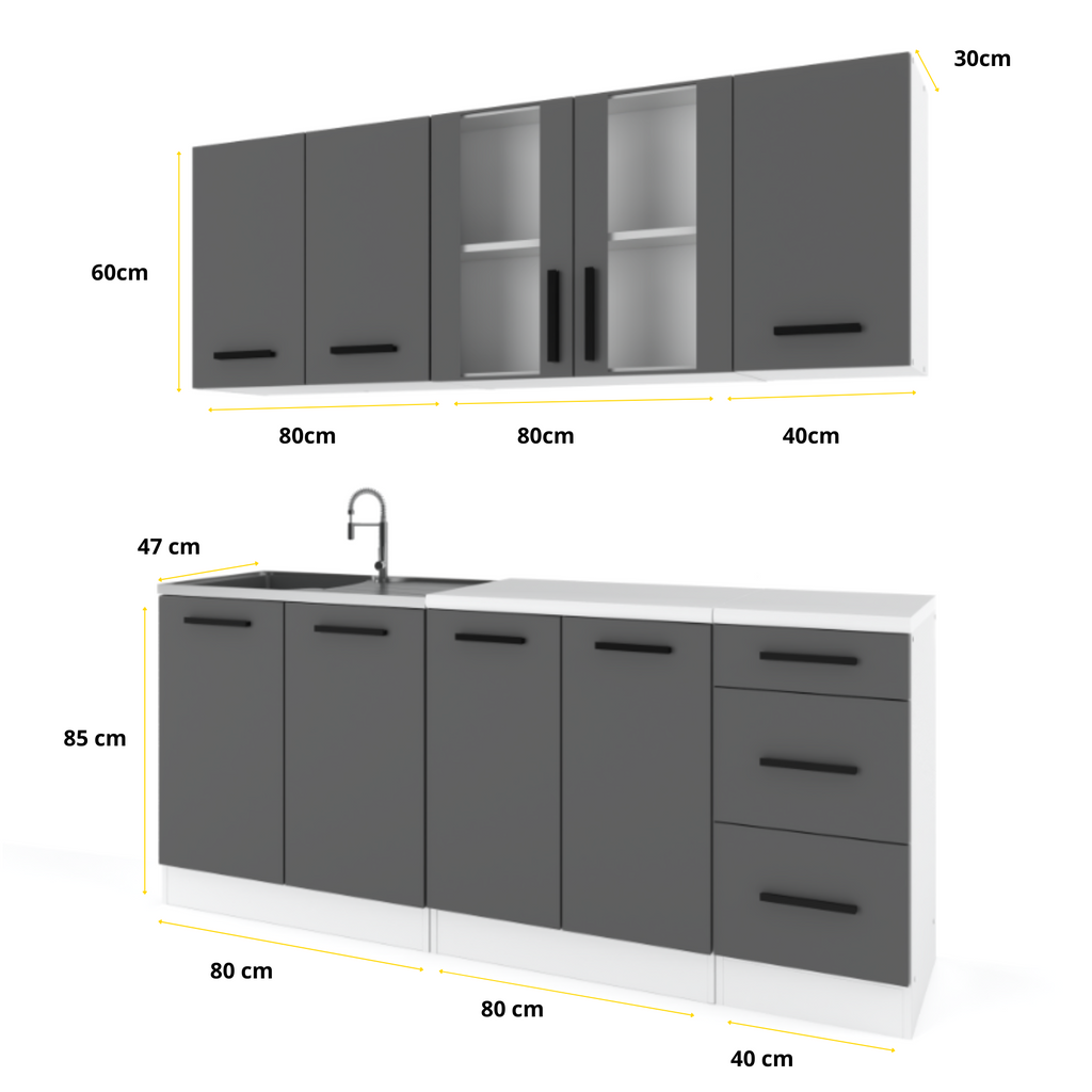 GONZO - Juego de cocina - Blanco Mate / Roble Wotan con encimera - 6 unidades - 200 cm