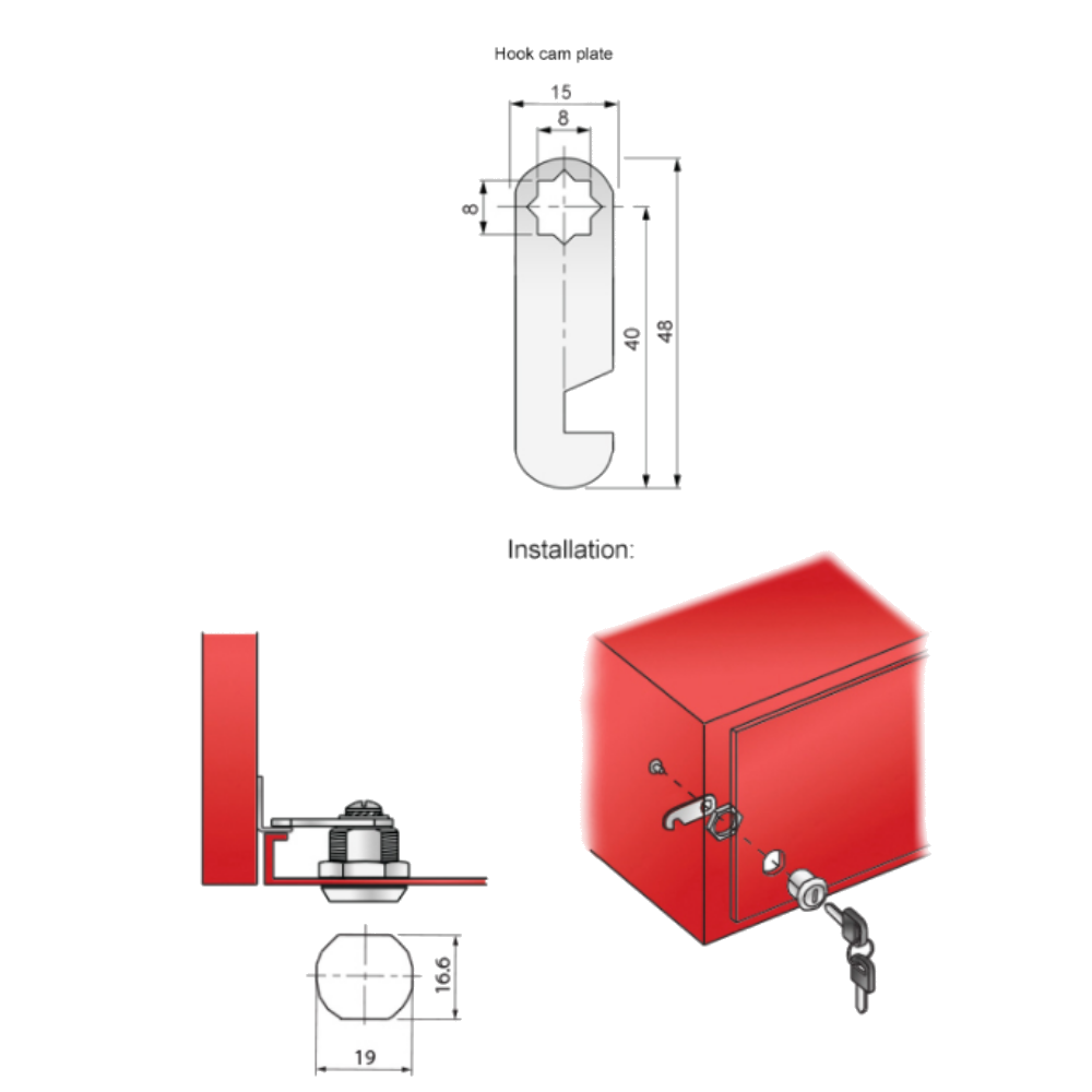 Cerradura de gabinete con placa de gancho de leva de 19x30mm - Cromo