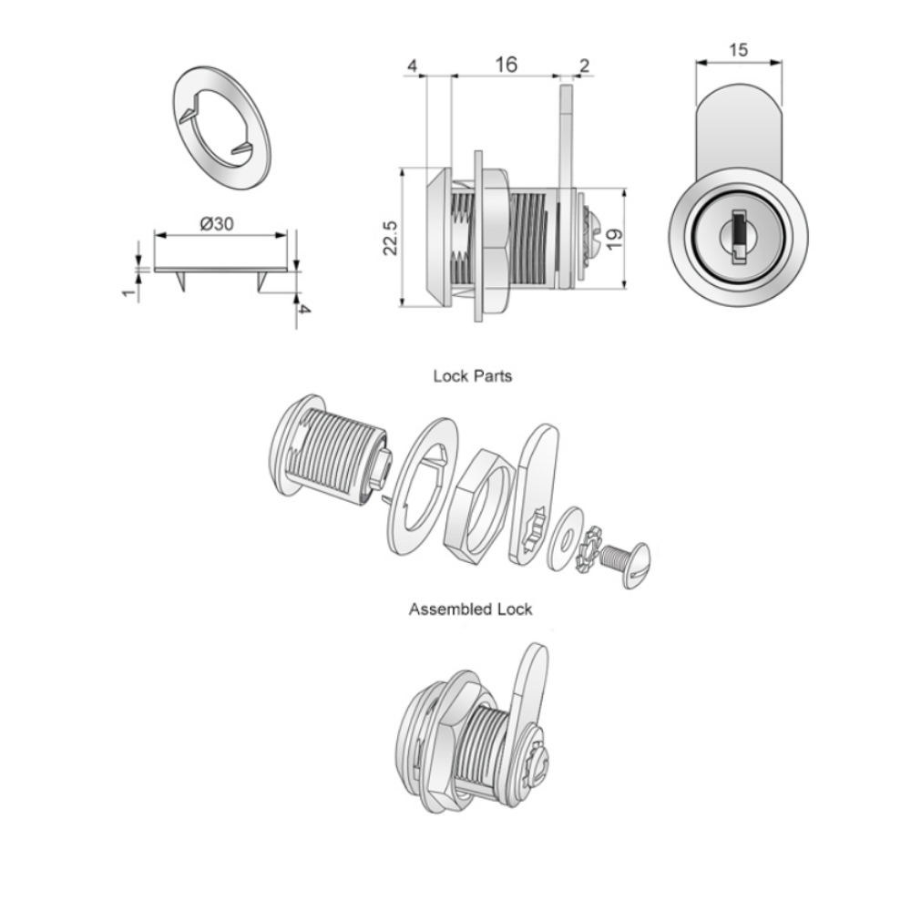 Cerradura de armario con placa de leva recta de 19x16mm - Cromo