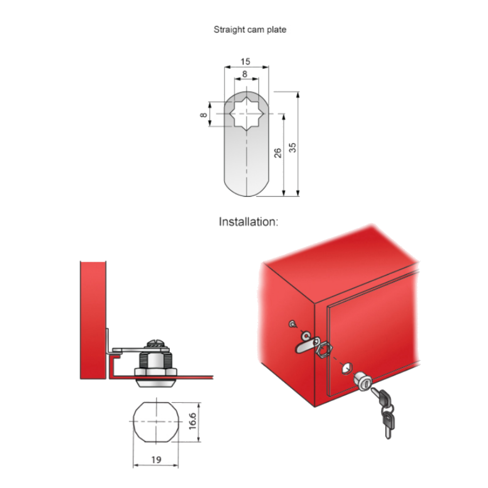 Cerradura de armario con placa de leva recta de 19x16mm - Cromo