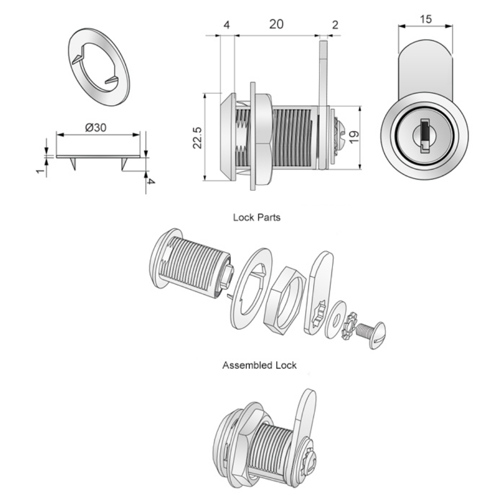 Cerradura de armario con placa de leva recta de 19x20mm - Cromo