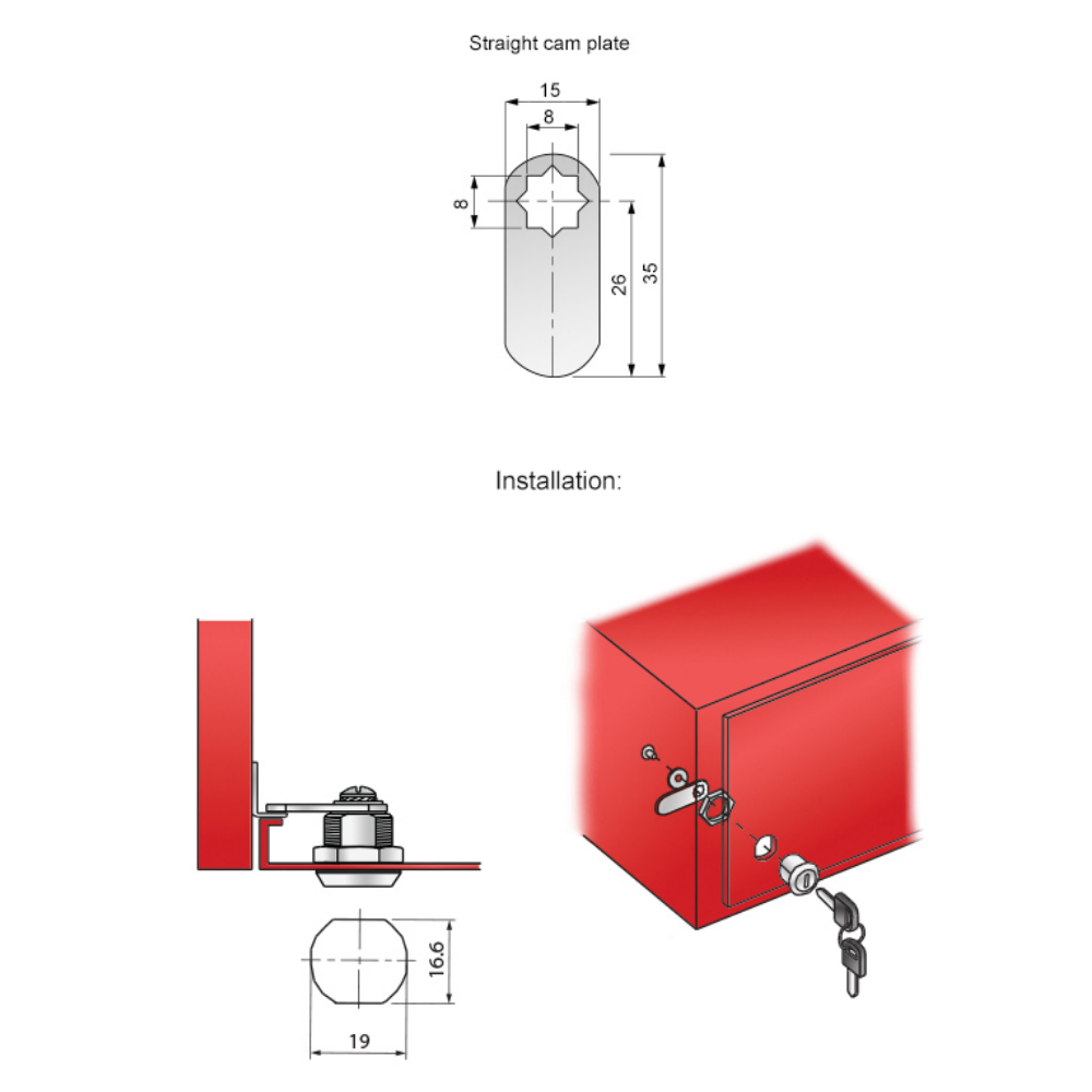 Cerradura de armario con placa de leva recta de 19x20mm - Cromo