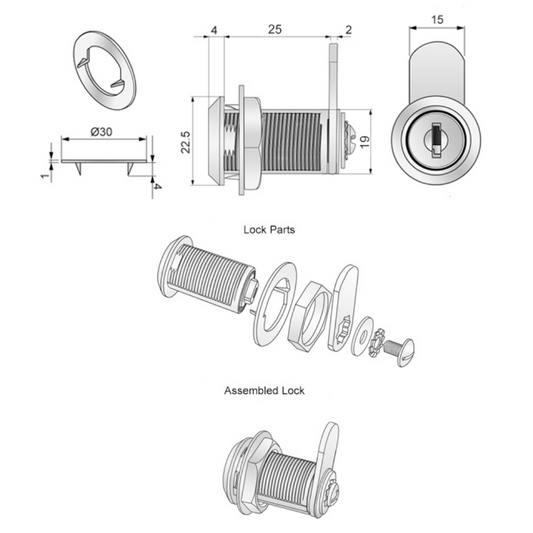 Cerradura de armario con placa de leva recta de 19x25mm - Cromo (2) – Furnica