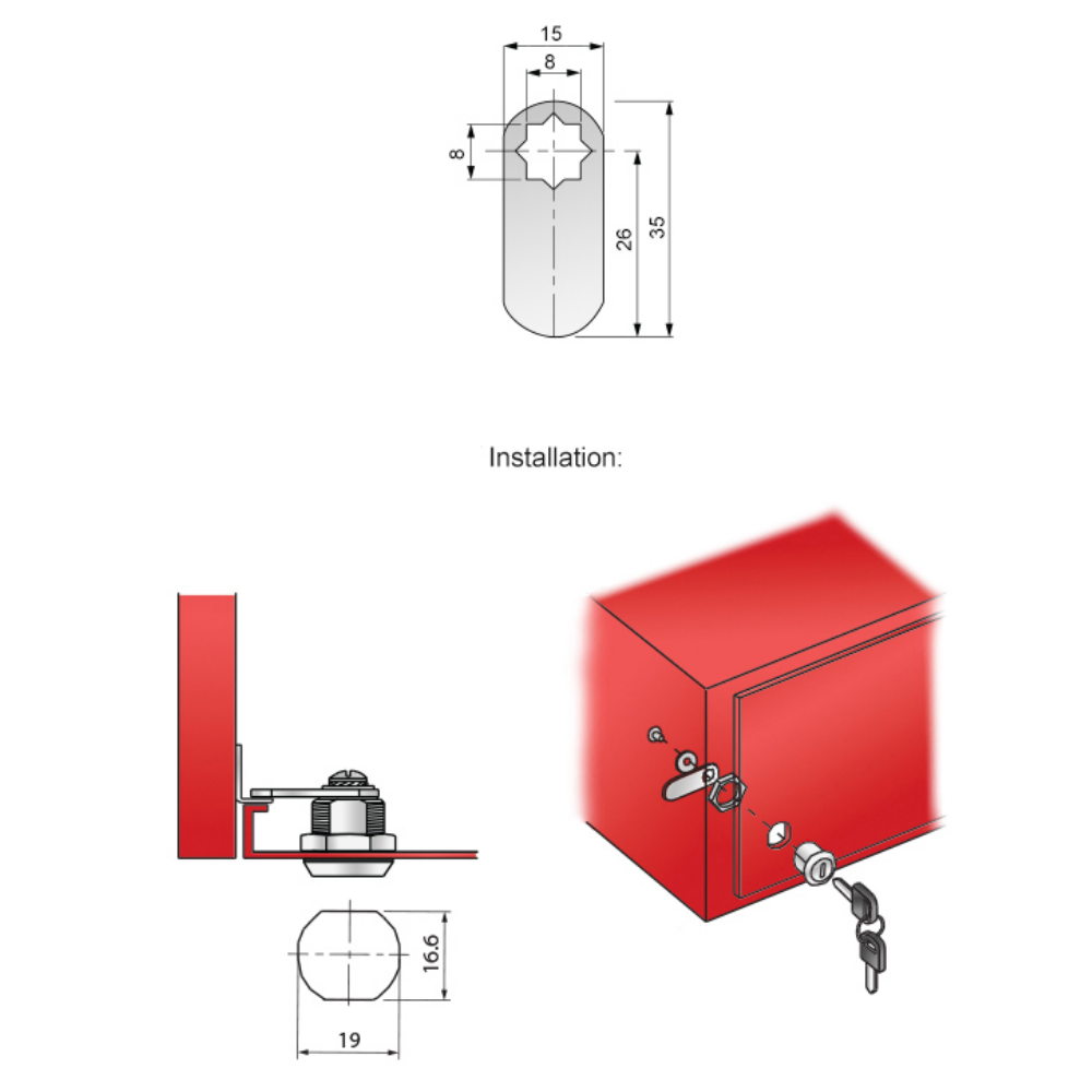 Cerradura de armario con placa de leva recta de 19x25mm - Cromo