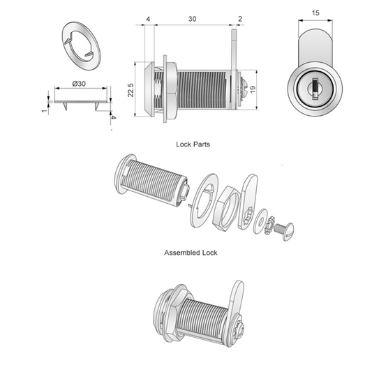 Cerradura de armario con placa de leva recta de 19x30mm - Cromo (2) – Furnica