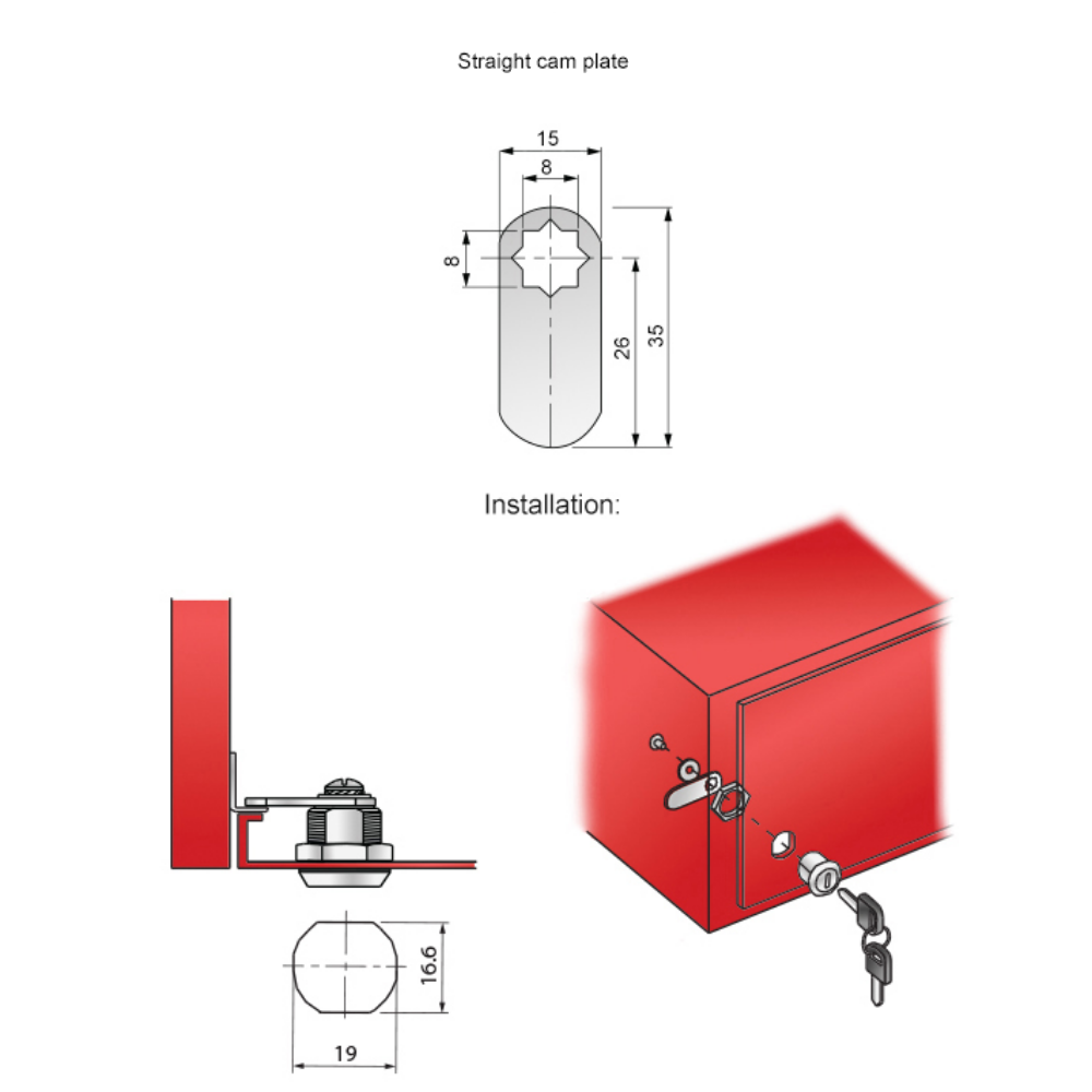 Cerradura de armario con placa de leva recta de 19x30mm - Cromo