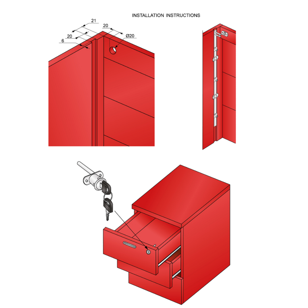 Cerradura central para 3 cajones de 19x20mm, tira de 600mm - Cromo