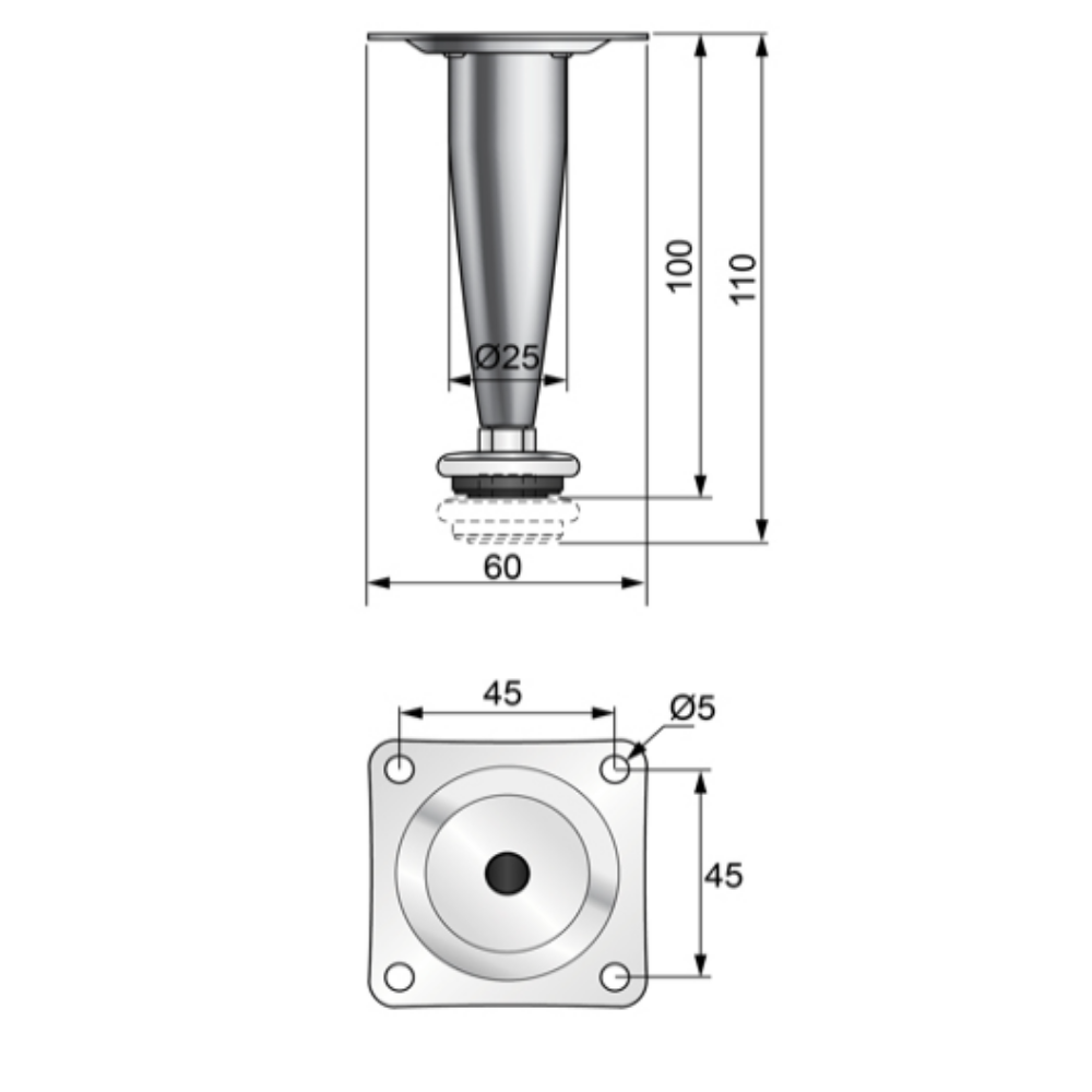 Pata de mueble cónica 100mm - Cromo