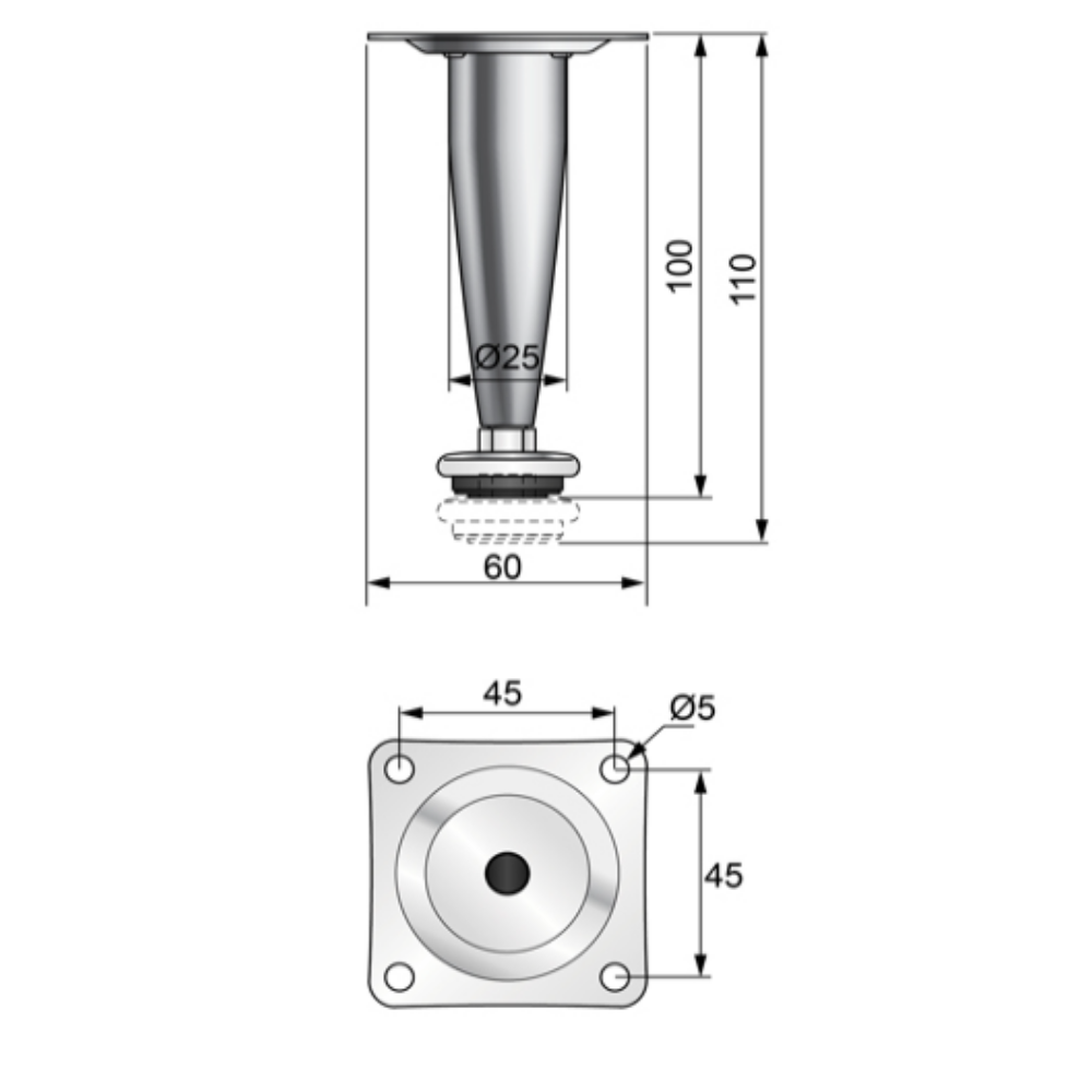 Pata de mueble cónica 100mm - Satinado