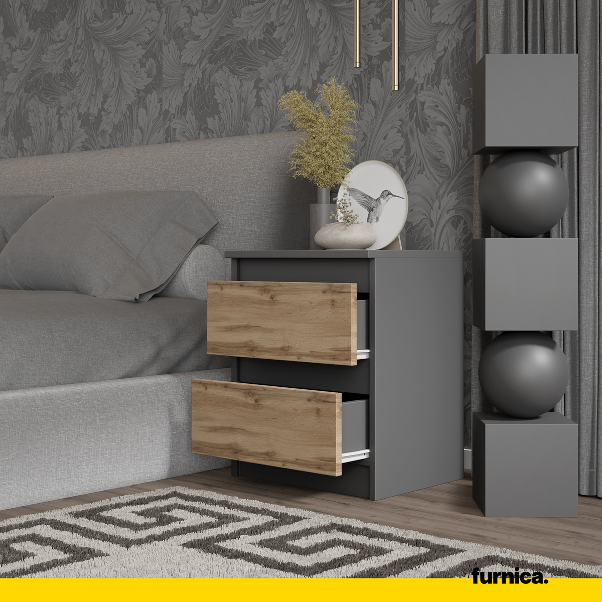 GABRIEL BIG - Set de 2 mesitas de noche con 2 cajones - Antracita / Roble Wotan - A50cm A41cm P33cm (3)