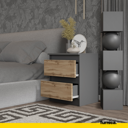 GABRIEL BIG - Set de 2 mesitas de noche con 2 cajones - Antracita / Roble Wotan - A50cm A41cm P33cm (3)