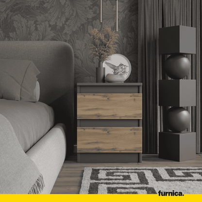 GABRIEL BIG - Set de 2 mesitas de noche con 2 cajones - Antracita / Roble Wotan - A50cm A41cm P33cm (2)