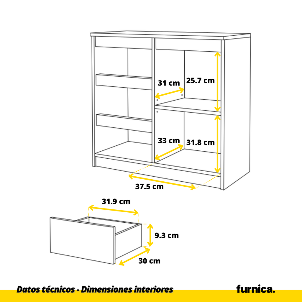 MIKEL - Cómoda de 3 cajones y 1 puerta - Armario de almacenamiento para dormitorio - Blanco Mate / Negro Brillante - A75cm A80cm P35cm