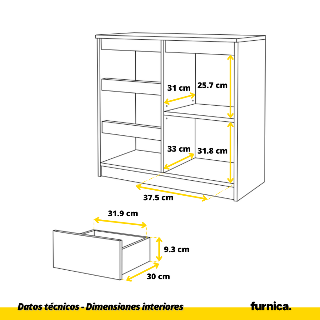MIKEL - Cómoda de 3 cajones y 1 puerta - Armario de almacenamiento para dormitorio - Blanco Mate / Blanco Brillante - A75cm A80cm P35cm