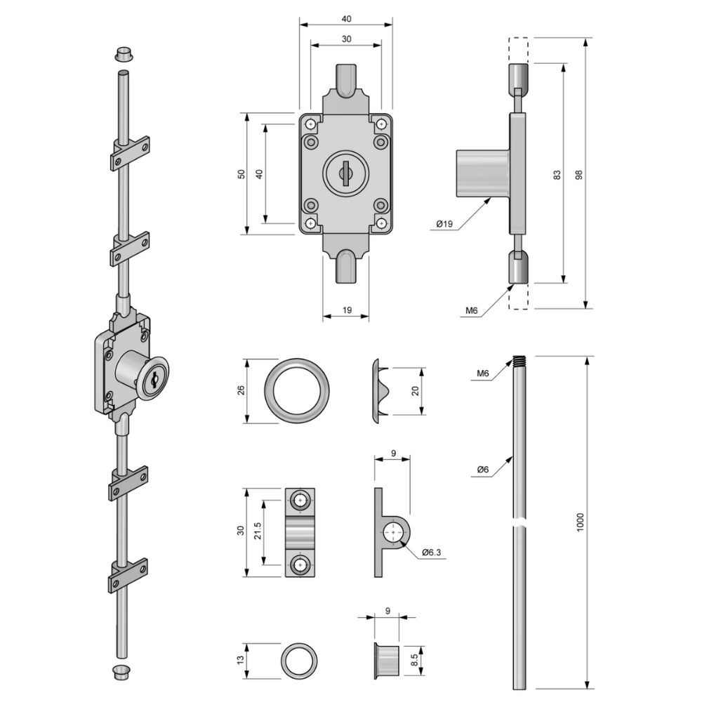 Cerradura de barra extensible de 19x22mm, 2 barras de L-1000mm - Cromo