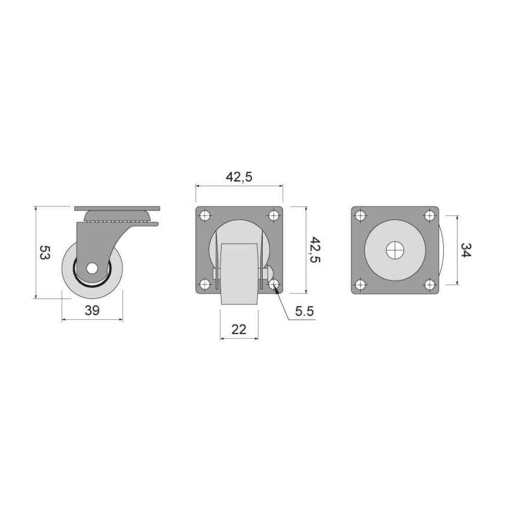 Rueda de plástico para muebles con rodamiento Ø39mm