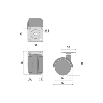 Rueda giratoria de plástico para muebles con placa de montaje Ø50mm (2) – Furnica
