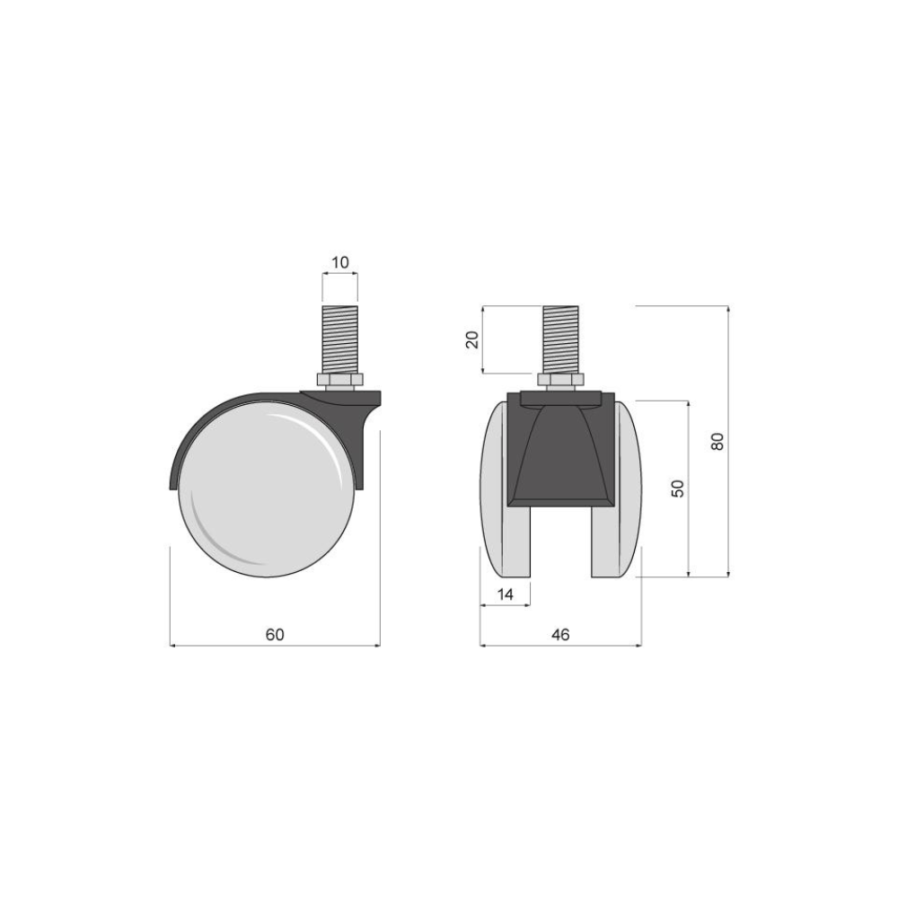 Rueda giratoria de plástico para muebles con rosca de 10 mm - Ø60 mm (2) – Furnica