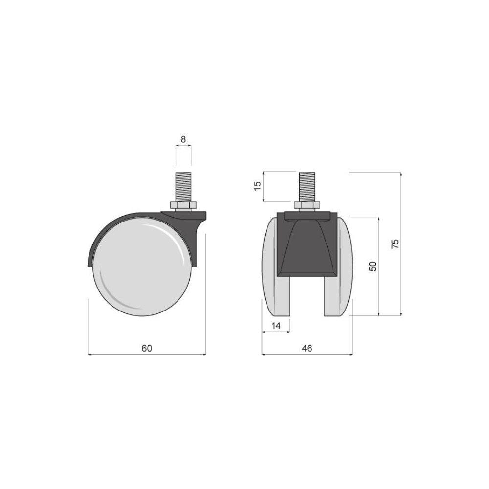 Rueda giratoria de plástico para muebles con rosca de 8 mm - Ø60 mm (2) – Furnica