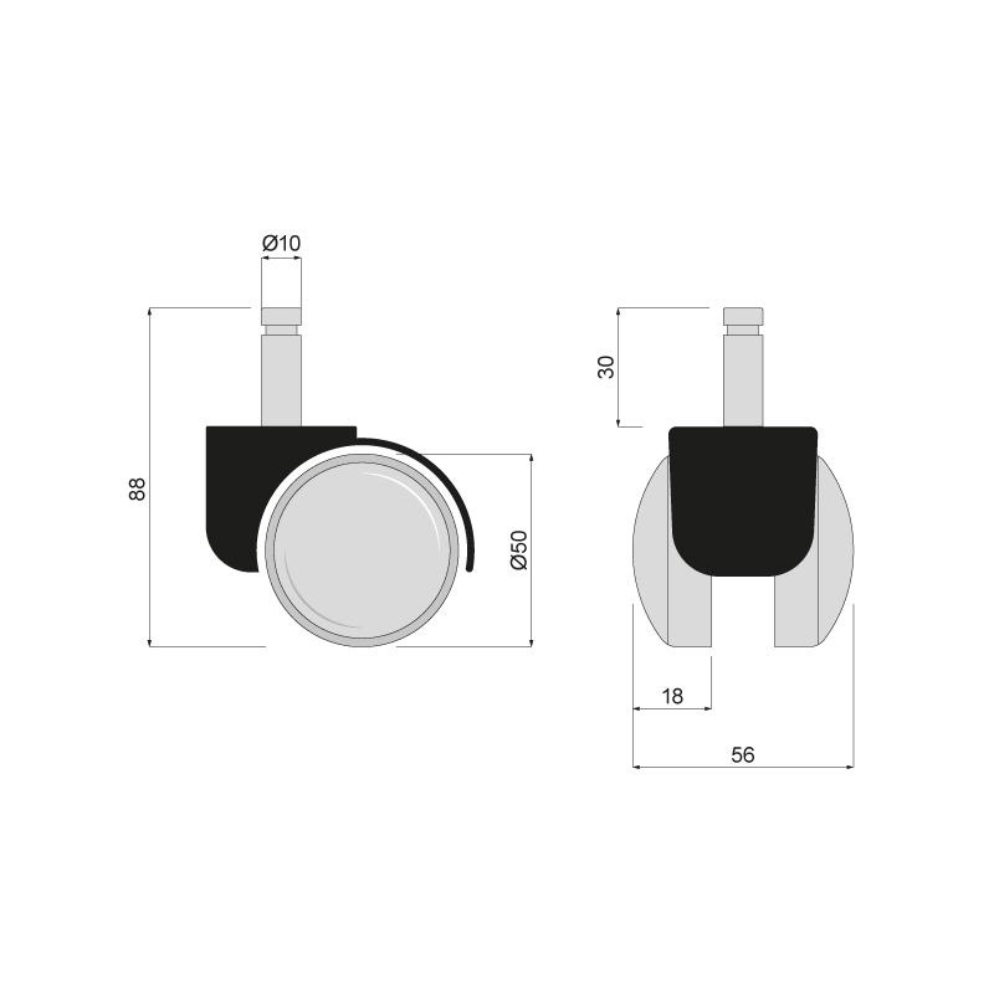 Rueda giratoria de plástico para muebles con pasador de montaje de 10 mm - Ø50 mm (2) – Furnica