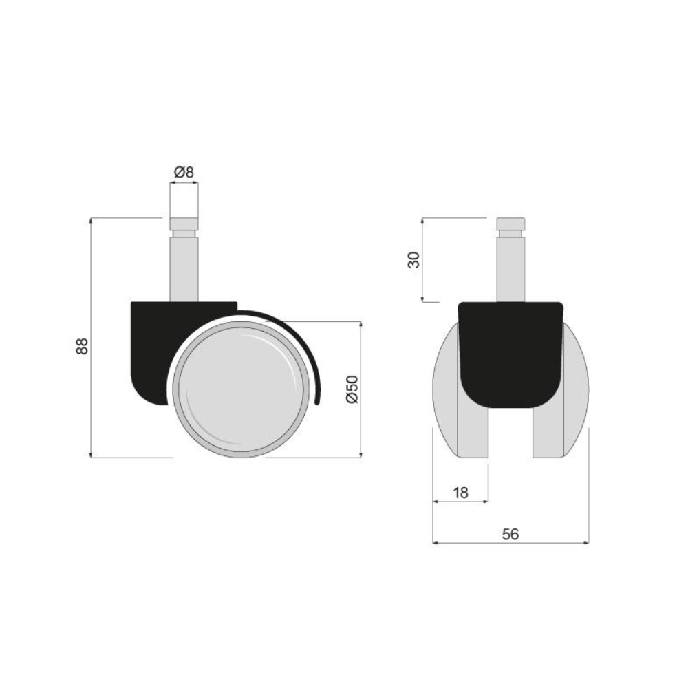 Rueda giratoria de plástico para muebles con pasador de montaje de 8 mm y funda - Ø50 mm