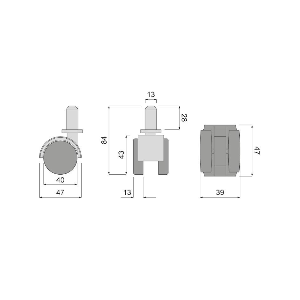 Rueda giratoria de goma para muebles con pasador de montaje de 8 mm y funda - Ø40 mm