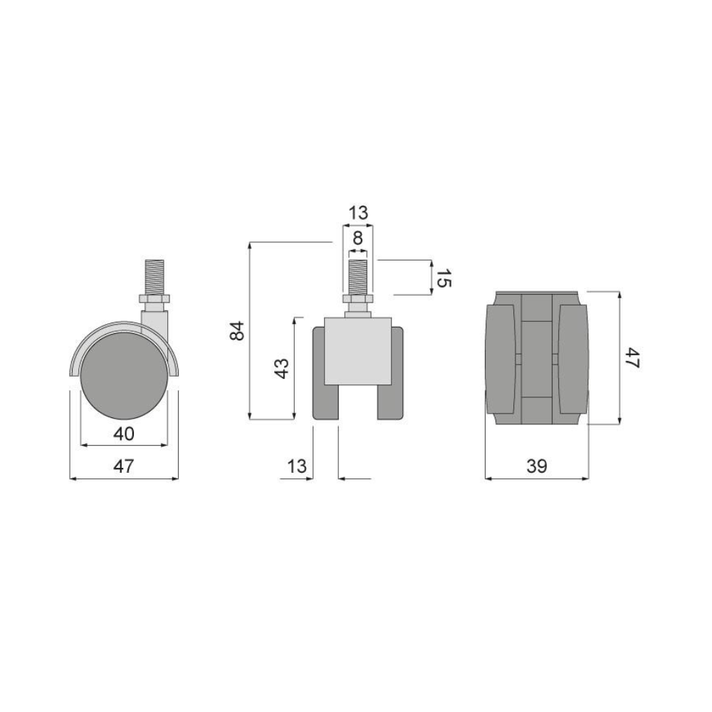 Rueda giratoria de goma para muebles con rosca Ø40mm