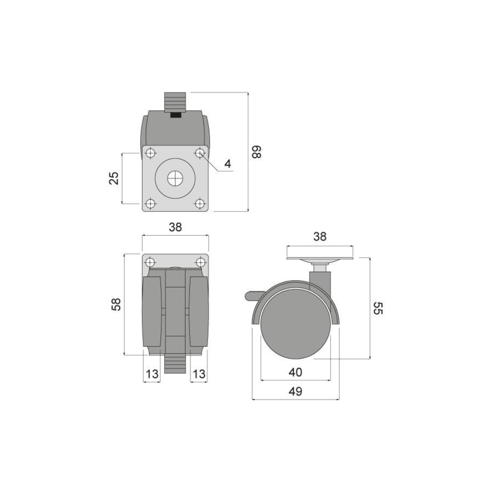 Rueda giratoria de goma para muebles con placa de montaje y freno Ø40mm.