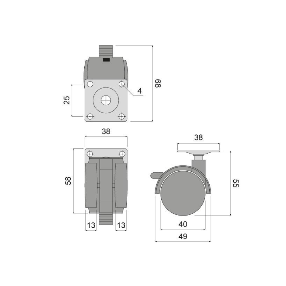 Rueda giratoria de plástico para muebles con placa de montaje y freno Ø40mm.
