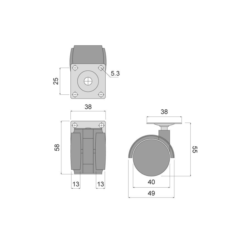 Rueda giratoria de plástico para muebles con placa de montaje Ø40mm (2) – Furnica