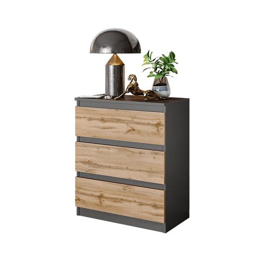 GABRIEL - Cómoda de 3 cajones - Armario de almacenamiento para dormitorio - Antracita / Roble Wotan - A72cm A60cm P33cm