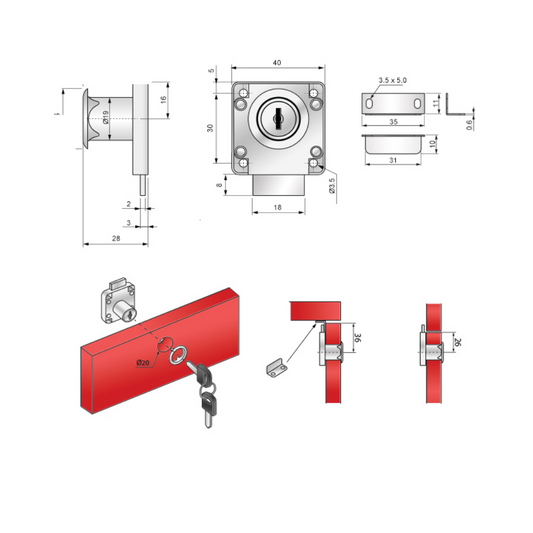 Cerradura para muebles de 19x22mm, versión con llave idéntica, nickel (2) – Furnica