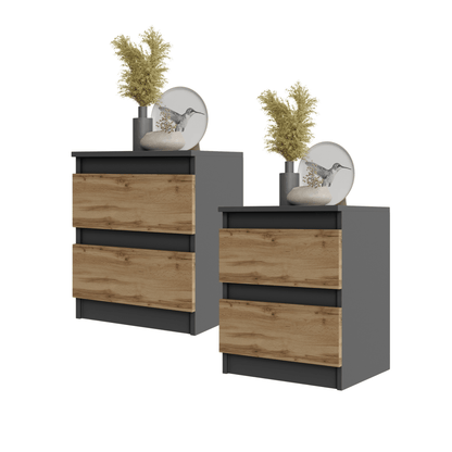 GABRIEL BIG - Set de 2 mesitas de noche con 2 cajones - Antracita / Roble Wotan - A50cm A41cm P33cm
