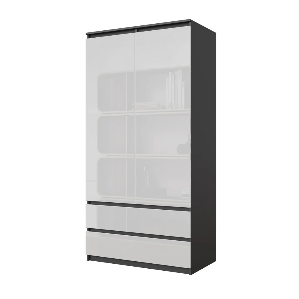 JOELLE - Armario de 2 puertas con 2 cajones - Antracita / Blanco Brillante - A180cm A90cm P50cm – Furnica