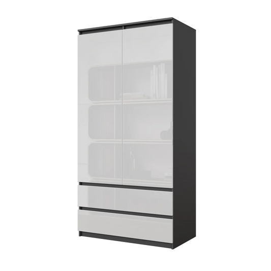 JOELLE - Armario de 2 puertas con 2 cajones - Antracita / Blanco Brillante - A180cm A90cm P50cm – Furnica