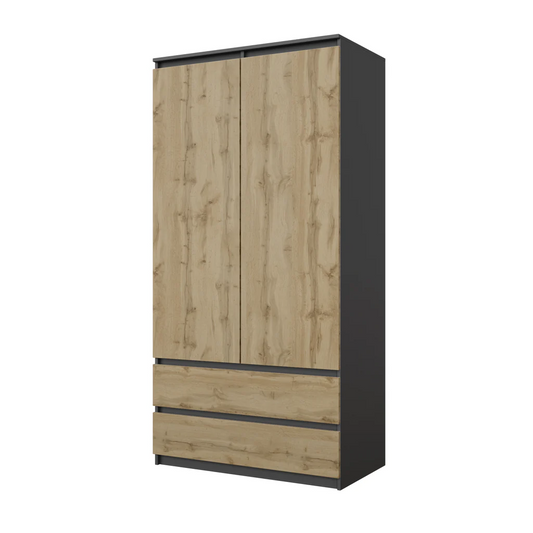 JOELLE - Armario de 2 puertas con 2 cajones - Antracita / Roble Wotan - A180cm A90cm P50cm – Furnica