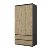 JOELLE - Armario de 2 puertas con 2 cajones - Antracita / Roble Wotan - A180cm A90cm P50cm