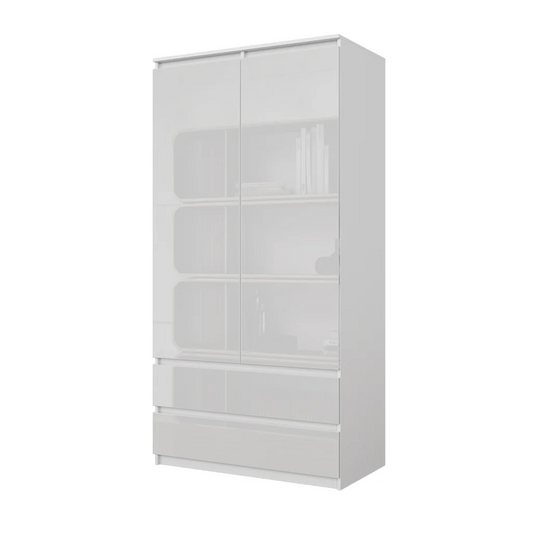 JOELLE - Armario de 2 puertas con 2 cajones - Blanco Mate / Blanco Brillante - A180cm A90cm P50cm – Furnica