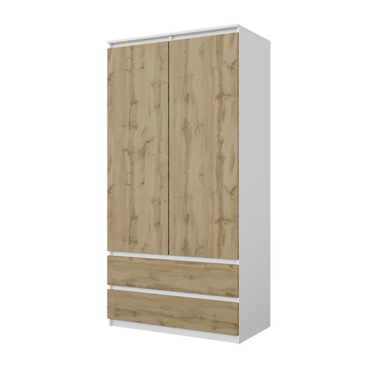 JOELLE - Armario de 2 puertas con 2 cajones - Blanco Mate / Roble Wotan - A180cm A90cm P50cm – Furnica