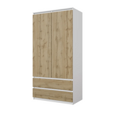 JOELLE - Armario de 2 puertas con 2 cajones - Blanco Mate / Roble Wotan - A180cm A90cm P50cm