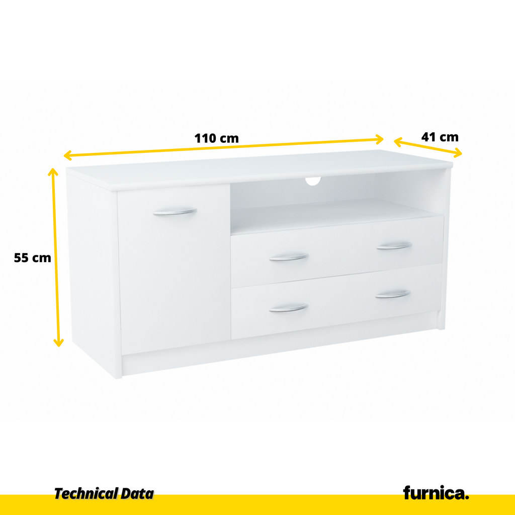 JULIA - Mueble de TV con 2 cajones y 1 puerta - Blanco mate H55cm W110cm D41cm