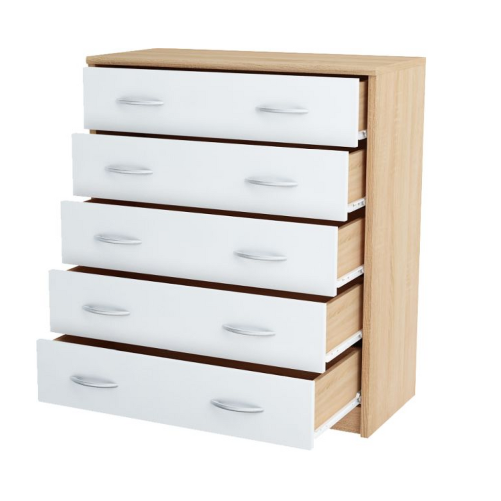 JULIA - Cómoda de 5 cajones - Gabinete de almacenamiento para el dormitorio - Aparador - Roble Sonoma / Blanco mate H85cm W74cm D35cm