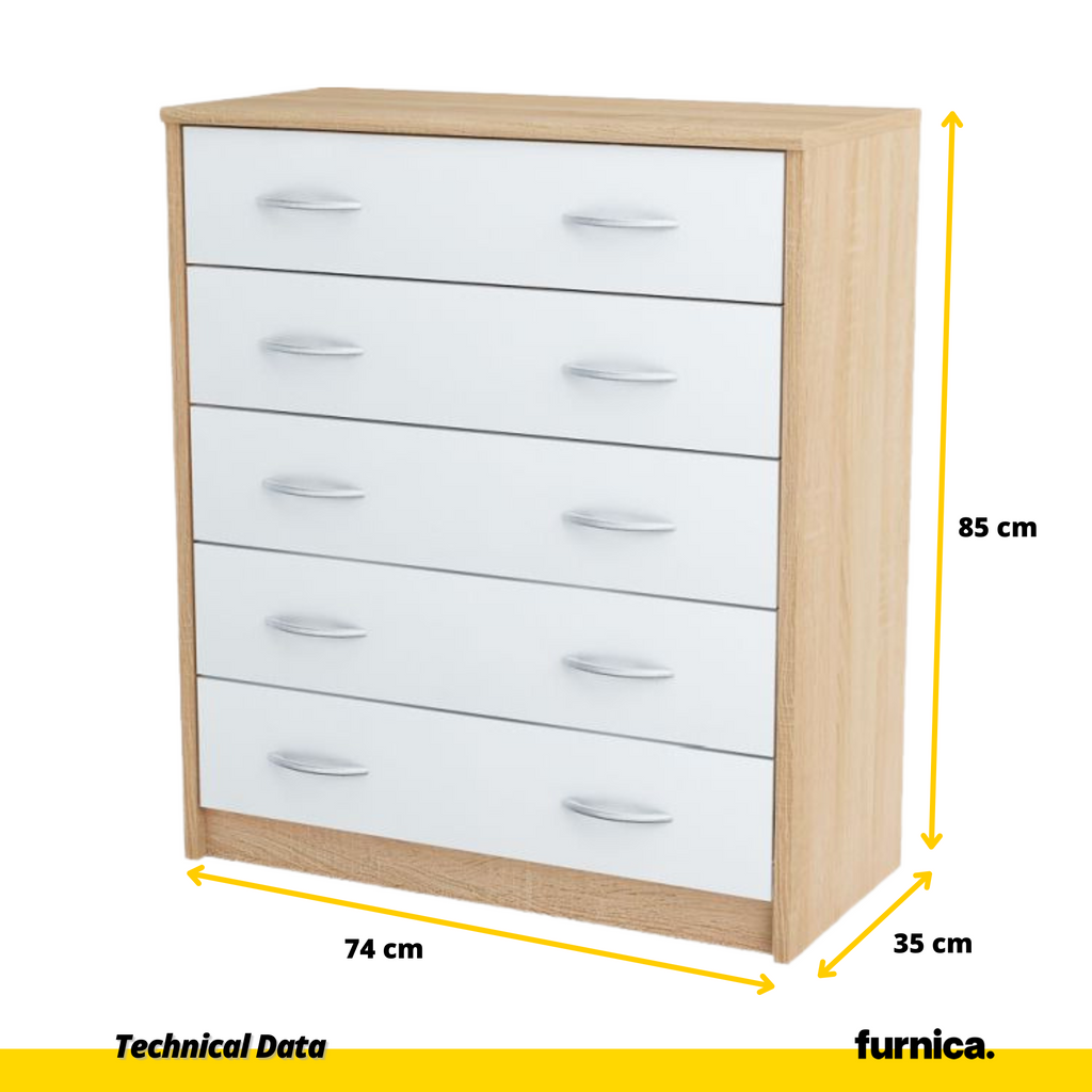 JULIA - Cómoda de 5 cajones - Gabinete de almacenamiento para el dormitorio - Aparador - Roble Sonoma / Blanco mate H85cm W74cm D35cm